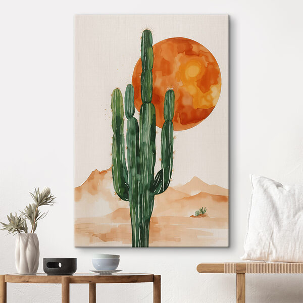 Schilderij van een cactus en een zon Canvas Schilderijen Schilderij van een cactus en een zon