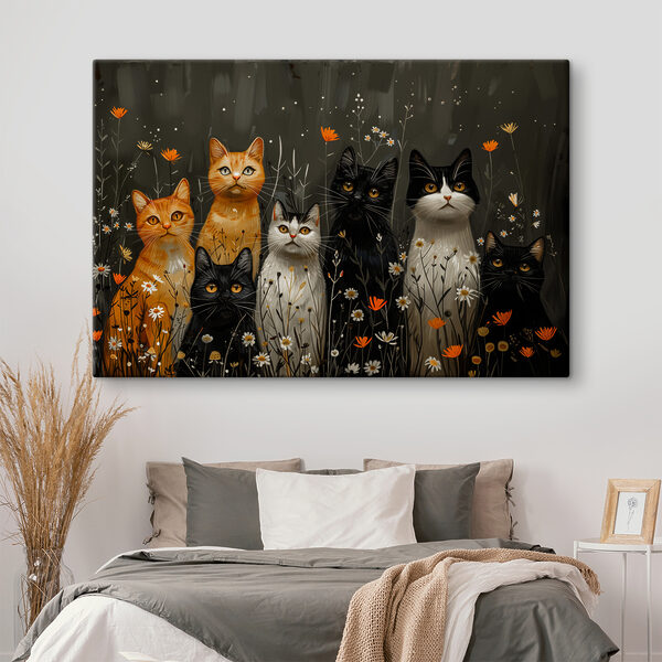 Groep katten in een bloemenveld Canvas Schilderijen Groep katten in een bloemenveld