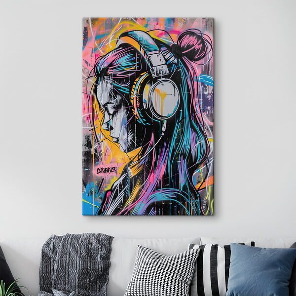 Graffiti van een vrouw met koptelefoon Canvas Schilderijen Graffiti van een vrouw met koptelefoon