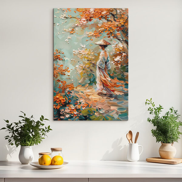Schilderij van een vrouw wandelend in een park Canvas Schilderijen Schilderij van een vrouw wandelend in een park