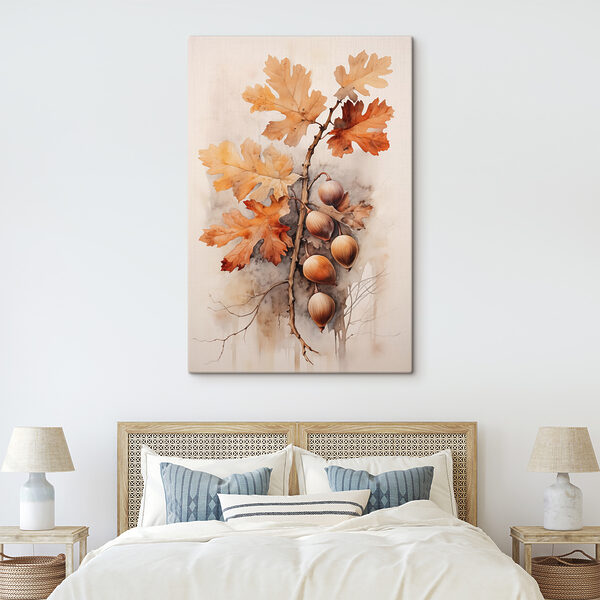 Eikels en bladeren op een tak met een witte achtergrond Canvas Schilderijen Eikels en bladeren op een tak met een witte achtergrond