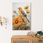 Canvas Schilderijen Vogel op een tak met bloemen