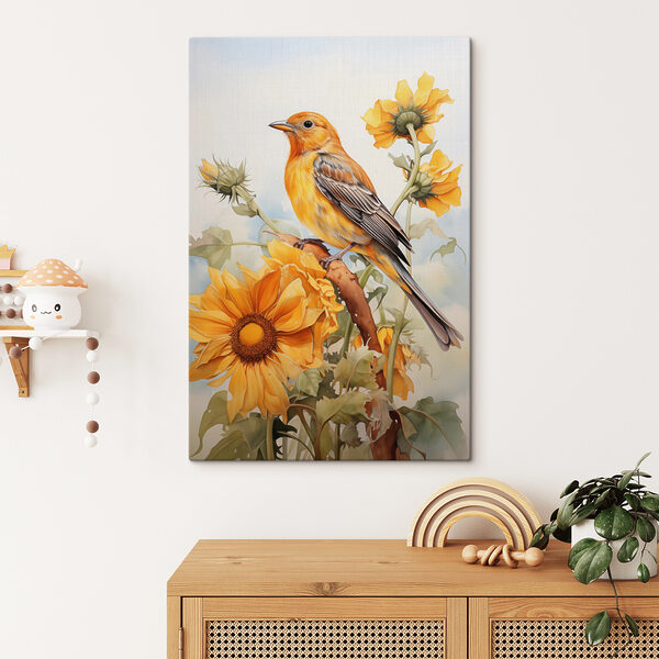 Vogel op een tak met bloemen Canvas Schilderijen Vogel op een tak met bloemen