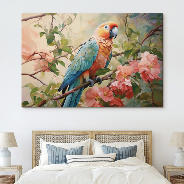 Kleurrijke vogel zittend op een tak met bloemen Canvas Schilderijen Kleurrijke vogel zittend op een tak met bloemen
