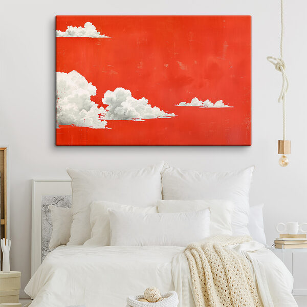 Witte wolken op een rode achtergrond Canvas Schilderijen Witte wolken op een rode achtergrond