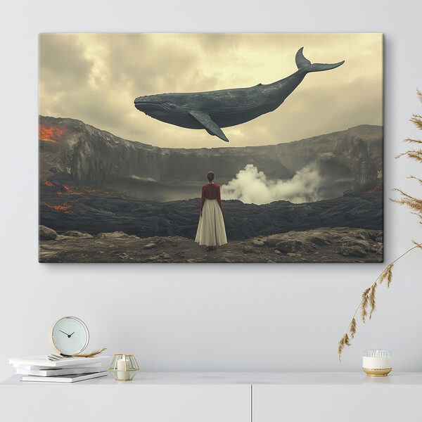 Vrouw kijkt naar een walvis die over een vulkaan vliegt Canvas Schilderijen Vrouw kijkt naar een walvis die over een vulkaan vliegt