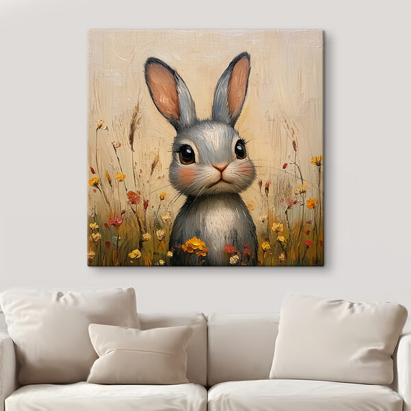Schilderij van een konijn in een bloemenveld Canvas Schilderijen Schilderij van een konijn in een bloemenveld