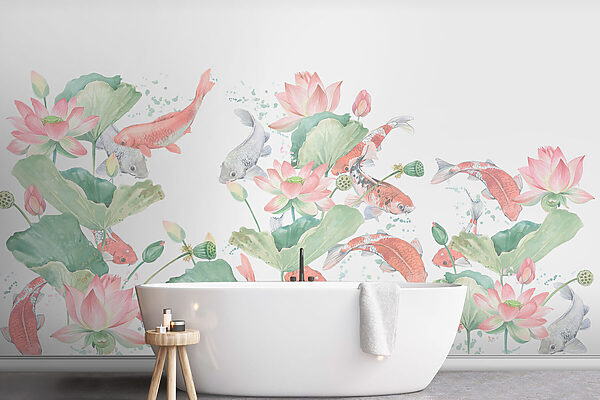 Fotobehang Fotobehang Aquarel van vissen en bloemen (Artikelnummer: w01821v1)