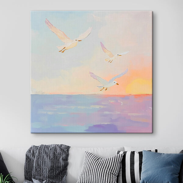 Schilderij van vogels vliegend over water Canvas Schilderijen Schilderij van vogels vliegend over water