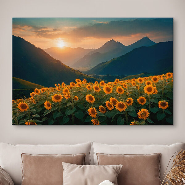 Zonnebloemveld in de bergen Canvas Schilderijen Zonnebloemveld in de bergen