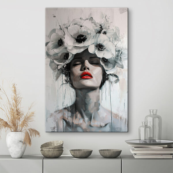 Schilderij van een vrouw met bloemen op haar hoofd Canvas Schilderijen Schilderij van een vrouw met bloemen op haar hoofd