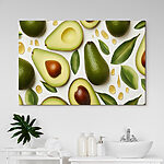 Canvas Schilderijen Avocado's en avocado's met bladeren en waterdruppels