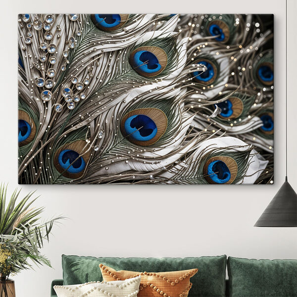 Pauwenveren versierd met dauwdruppels Canvas Schilderijen Pauwenveren versierd met dauwdruppels