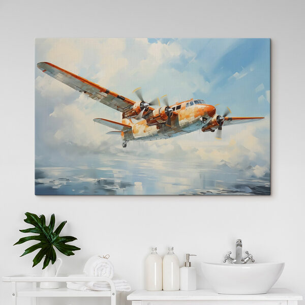 Een oranje en wit vliegtuig vliegend in de lucht Canvas Schilderijen Een oranje en wit vliegtuig vliegend in de lucht