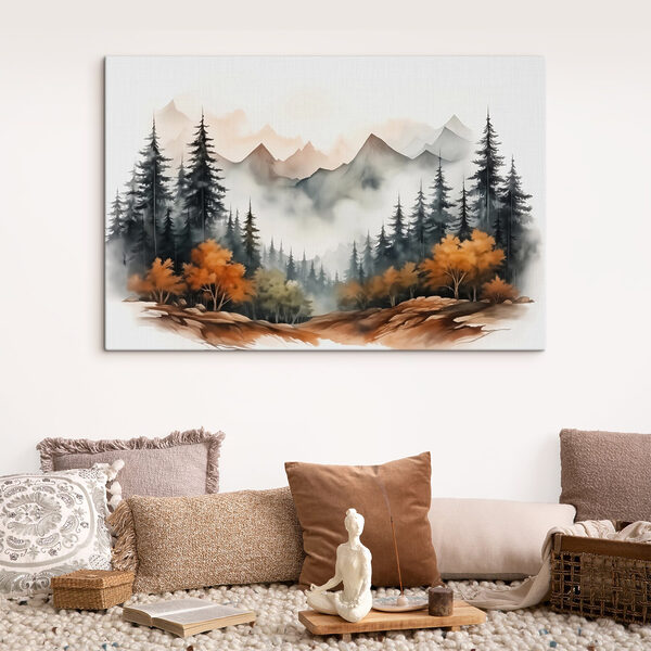 Schilderij van een bos en bergen Canvas Schilderijen Schilderij van een bos en bergen