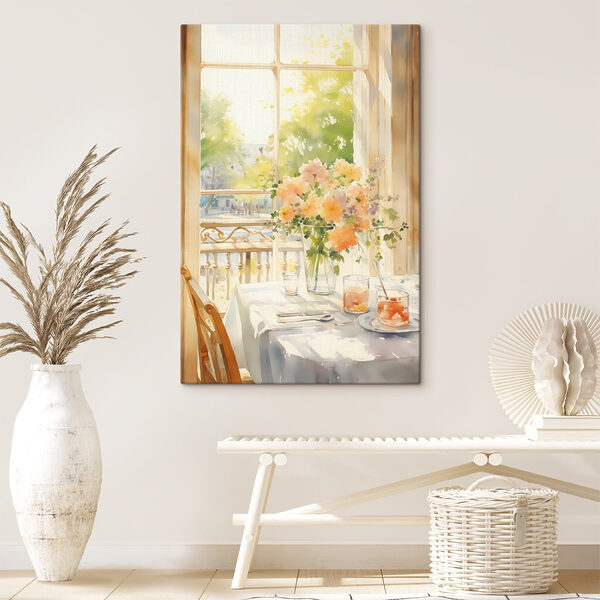 Aquarel van een tafel met bloemen en glazen Canvas Schilderijen Aquarel van een tafel met bloemen en glazen