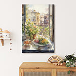 Canvas Schilderijen Aquarel van een tafel met eten en bloemen voor een raam