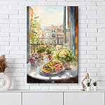 Canvas Schilderijen Aquarel schilderij van bloemen en fruit op een tafel voor een raam