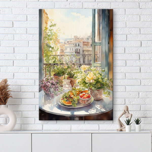 Aquarel schilderij van bloemen en fruit op een tafel voor een raam Canvas Schilderijen Aquarel schilderij van bloemen en fruit op een tafel voor een raam