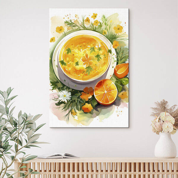 Kom sinaasappelsoep met bloemen en bladeren Canvas Schilderijen Kom sinaasappelsoep met bloemen en bladeren