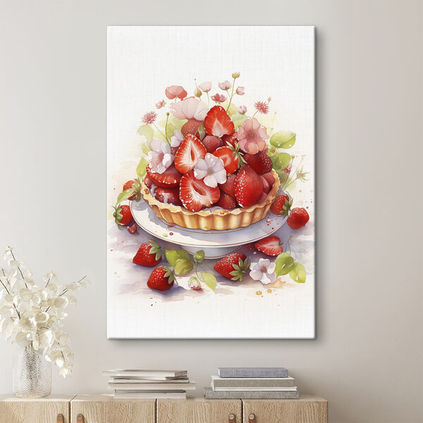 Aquarel van een taart met aardbeien en bloemen Canvas Schilderijen Aquarel van een taart met aardbeien en bloemen