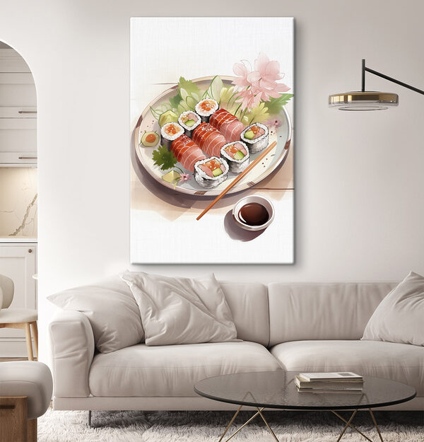 Bordje sushi met saus en bloemen Canvas Schilderijen Bordje sushi met saus en bloemen