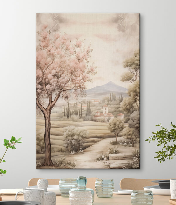 Schilderij van een landschap met bomen en een gebouw Canvas Schilderijen Schilderij van een landschap met bomen en een gebouw