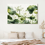 Canvas Schilderijen Groep witte bloemen met groene bladeren