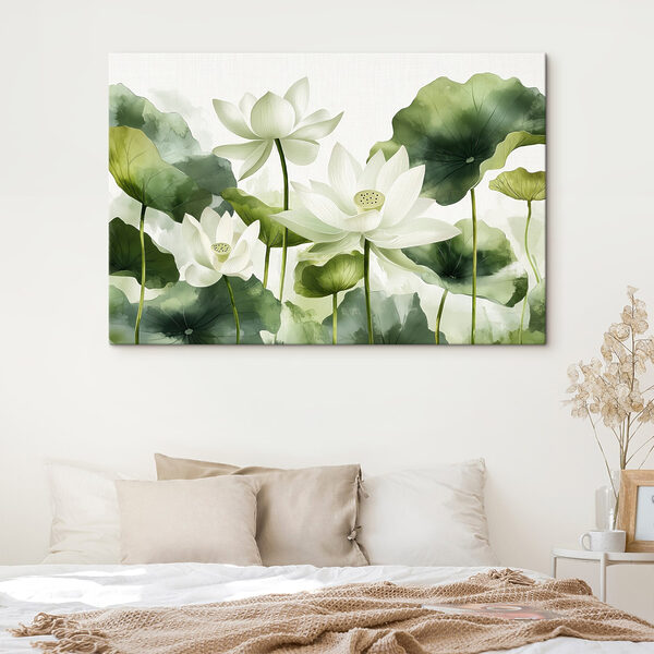 Groep witte bloemen met groene bladeren Canvas Schilderijen Groep witte bloemen met groene bladeren