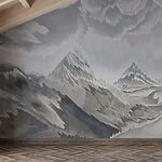 Fotobehang Schilderij van bergen en wolken