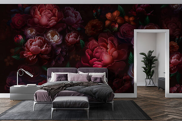 Groep bloemen op donkere achtergrond Fotobehang Groep bloemen op donkere achtergrond
