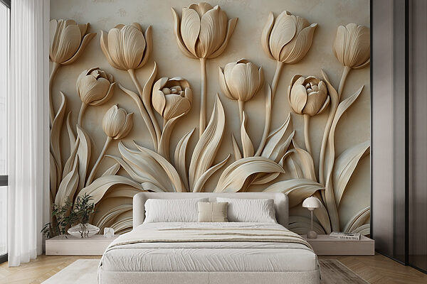 Fotobehang Elegante Beige Tulpen Sculpturen Bloeien