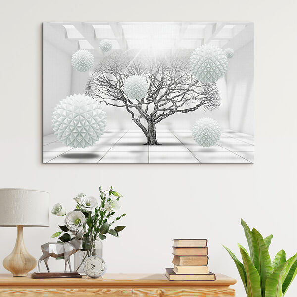 Boom met witte ballen die in de lucht zweven Canvas Schilderijen Boom met witte ballen die in de lucht zweven