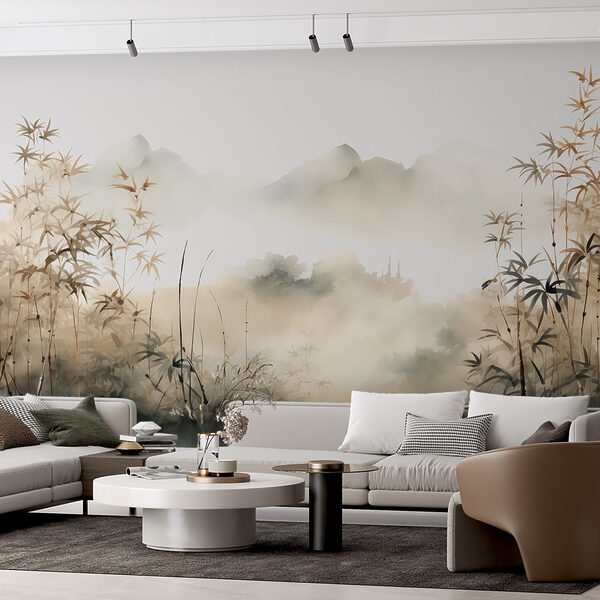 Schilderij van een landschap met planten en mist Fotobehang Schilderij van een landschap met planten en mist