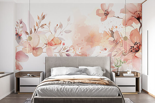 Schilderij van bloemen en bladeren Fotobehang Schilderij van bloemen en bladeren