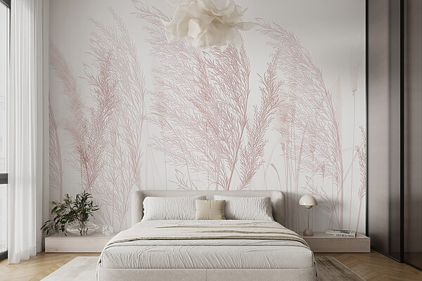 Groep gras met roze bloemen Fotobehang Groep gras met roze bloemen