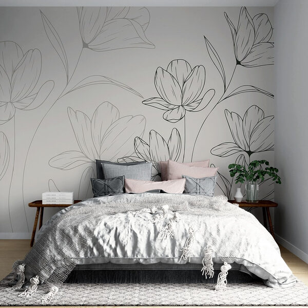 Tekening van bloemen op een witte achtergrond Fotobehang Tekening van bloemen op een witte achtergrond