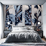 Fotobehang Bloemenpatroon met blauwe en witte bloemen en bladeren