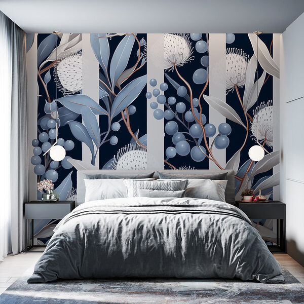 Bloemenpatroon met blauwe en witte bloemen en bladeren Fotobehang Bloemenpatroon met blauwe en witte bloemen en bladeren