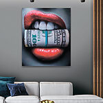 Canvas Schilderijen Rode lippen omklemmen een geldrol.