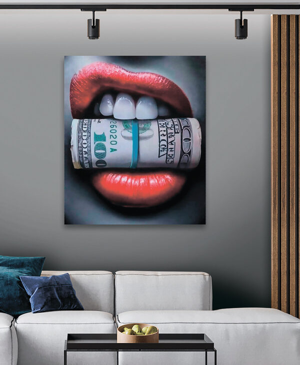 Rode lippen omklemmen een geldrol Canvas Schilderijen Rode lippen omklemmen een geldrol