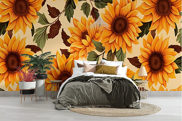 Patroon van zonnebloemen en bladeren Fotobehang Patroon van zonnebloemen en bladeren