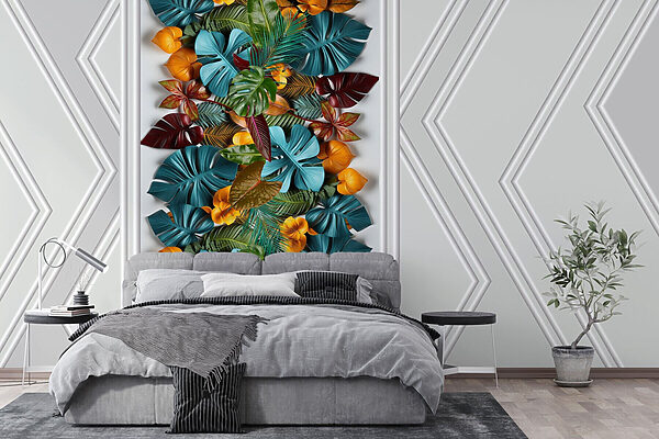 Witte deur met kleurrijke bladeren Fotobehang Witte deur met kleurrijke bladeren