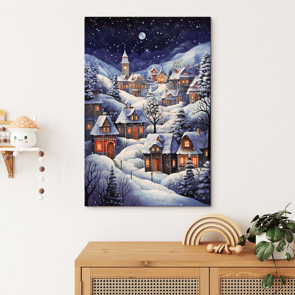 Schilderij van een besneeuwd dorp Canvas Schilderijen Schilderij van een besneeuwd dorp