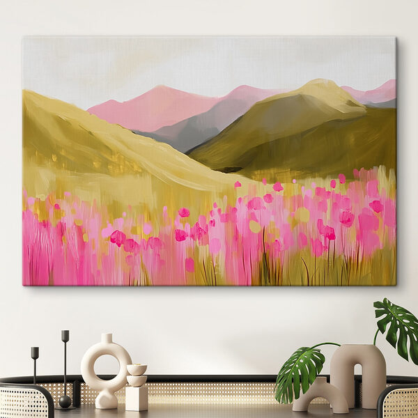 Schilderij van een veld met roze bloemen Canvas Schilderijen Schilderij van een veld met roze bloemen