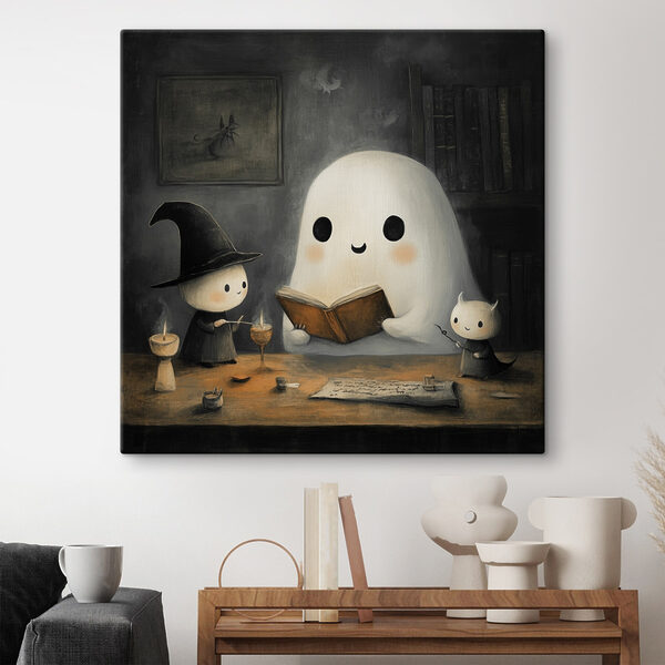 Spook dat een boek leest met twee kleine mensen Canvas Schilderijen Spook dat een boek leest met twee kleine mensen