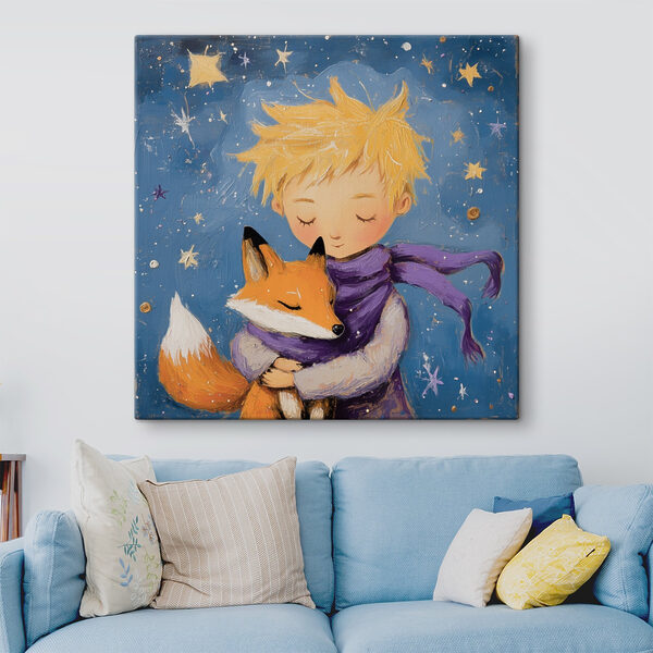 Jongen knuffelt een vos Canvas Schilderijen Jongen knuffelt een vos