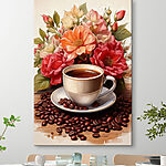 Canvas Schilderijen Kopje koffie en bloemen
