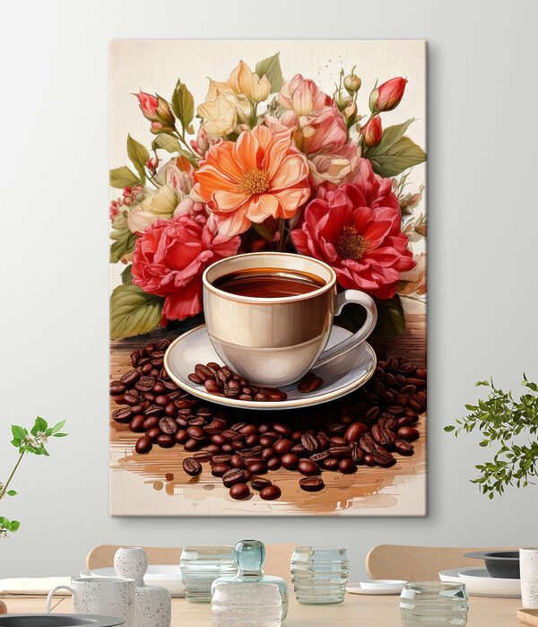 Kopje koffie en bloemen Canvas Schilderijen Kopje koffie en bloemen