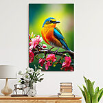 Canvas Schilderijen Kleurrijke vogel op een tak met roze bloemen